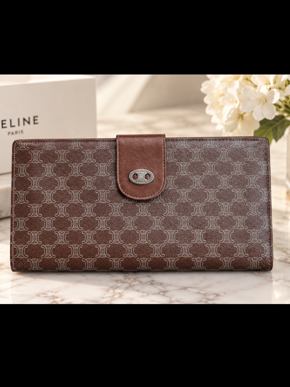 Vintage Celine Macadam Monogram Wallet Brown Leather Snap long Wallet